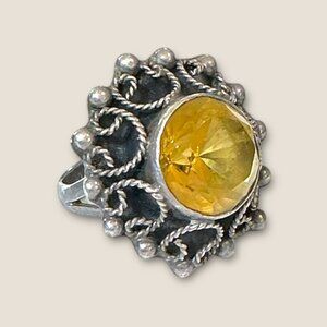 Vintage Sterling Silver Filigree Ring With Yellow Stone Signed Size 5.5